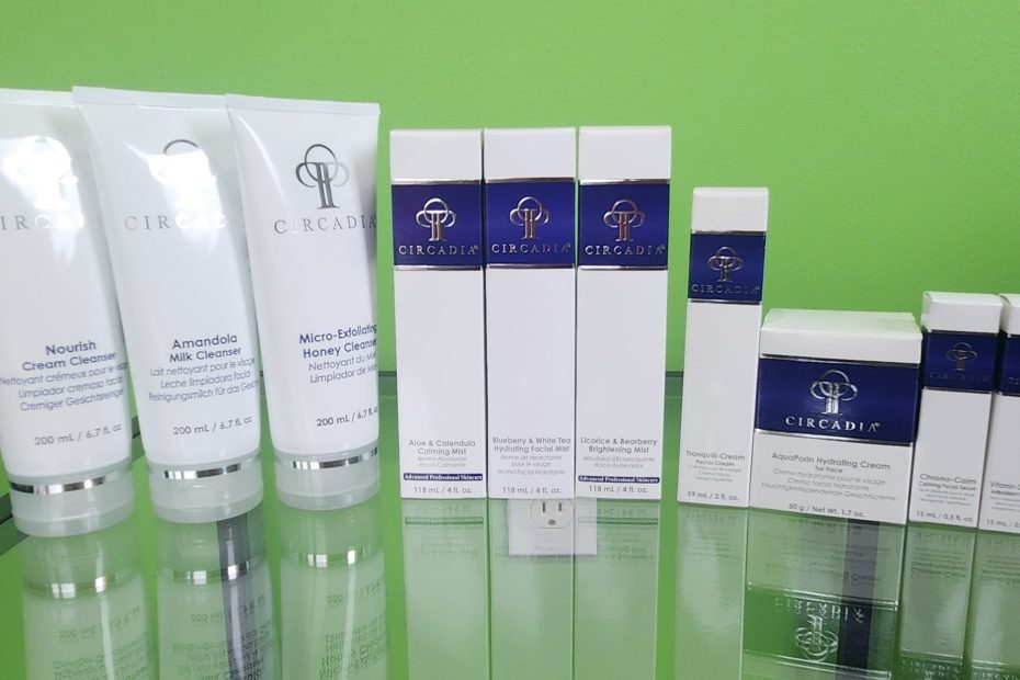 A curated selection of Circadia skin care products on a glass table at Linde Esthetics & Wellness Studio in Springfield MO